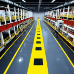 ** AI-powered real-time risk assessment system in a factory. Display sensors, IoT devices, worker location tracking, and data visualization showing potential hazard zones. The scene should convey advanced technology and proactive safety management.

**