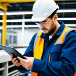A professional industrial safety engineer, a man, wearing a modest, professional work uniform, a safety helmet, and a high-visibility safety vest, standing on a clean, modern factory production line. He is holding a digital tablet, intently reviewing detailed work standards, with a focus on human error prevention. In the background, fully clothed factory workers, in appropriate attire, are engaged in their tasks with precision. The scene conveys a strong emphasis on practical knowledge and adherence to clear safety protocols. High-quality photography, realistic lighting, perfect anatomy, correct proportions, natural pose, well-formed hands, proper finger count, natural body proportions. Safe for work, appropriate content, fully clothed, professional, modest clothing.
