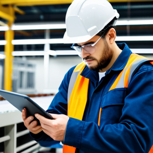 A professional industrial safety engineer, a man, wearing a modest, professional work uniform, a safety helmet, and a high-visibility safety vest, standing on a clean, modern factory production line. He is holding a digital tablet, intently reviewing detailed work standards, with a focus on human error prevention. In the background, fully clothed factory workers, in appropriate attire, are engaged in their tasks with precision. The scene conveys a strong emphasis on practical knowledge and adherence to clear safety protocols. High-quality photography, realistic lighting, perfect anatomy, correct proportions, natural pose, well-formed hands, proper finger count, natural body proportions. Safe for work, appropriate content, fully clothed, professional, modest clothing.