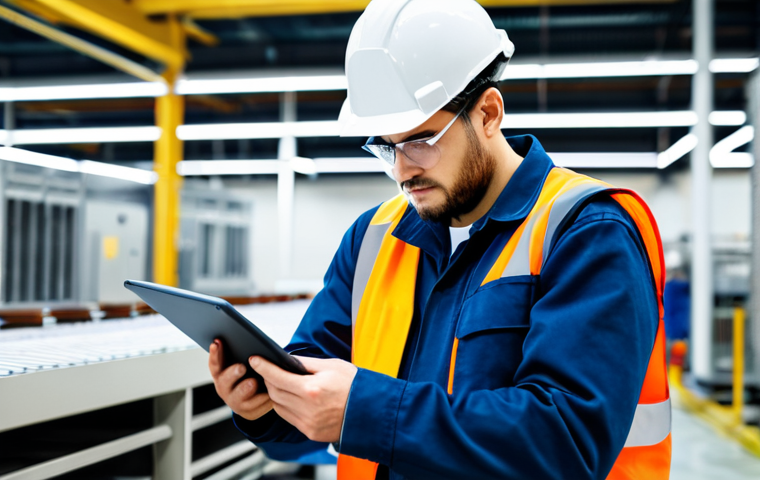 A professional industrial safety engineer, a man, wearing a modest, professional work uniform, a safety helmet, and a high-visibility safety vest, standing on a clean, modern factory production line. He is holding a digital tablet, intently reviewing detailed work standards, with a focus on human error prevention. In the background, fully clothed factory workers, in appropriate attire, are engaged in their tasks with precision. The scene conveys a strong emphasis on practical knowledge and adherence to clear safety protocols. High-quality photography, realistic lighting, perfect anatomy, correct proportions, natural pose, well-formed hands, proper finger count, natural body proportions. Safe for work, appropriate content, fully clothed, professional, modest clothing.