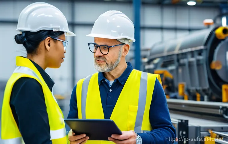 산업안전분야 신입사원의 성공 비결 - **Prompt:** "A brightly lit, modern factory floor. A young, enthusiastic new employee, wearing a cle...