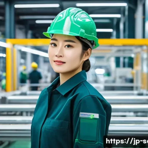 산업안전기사와 환경법 준수 사례 - **Prompt for Smart Safety Management:**
    "A bustling, modern Japanese factory floor during a brig...