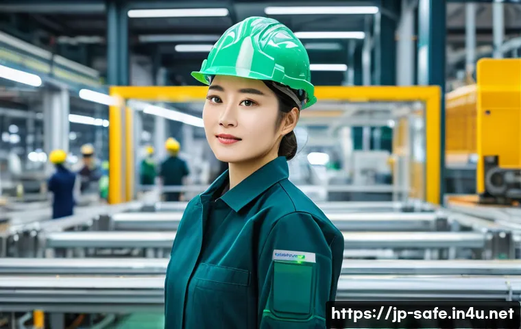 산업안전기사와 환경법 준수 사례 - **Prompt for Smart Safety Management:**
    "A bustling, modern Japanese factory floor during a brig...