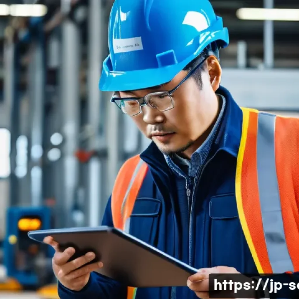 산업안전분야 자격증의 국내외 인지도 - A professional Japanese industrial safety manager in a modern factory setting, wearing a blue safety...