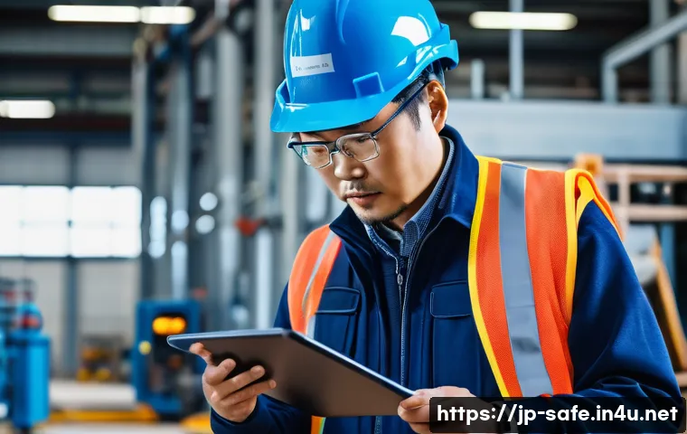 산업안전분야 자격증의 국내외 인지도 - A professional Japanese industrial safety manager in a modern factory setting, wearing a blue safety...