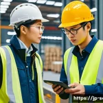 산업안전분야에서의 고객 신뢰 구축 사례 - A modern industrial factory floor scene showing diverse workers wearing safety helmets and high-visi...