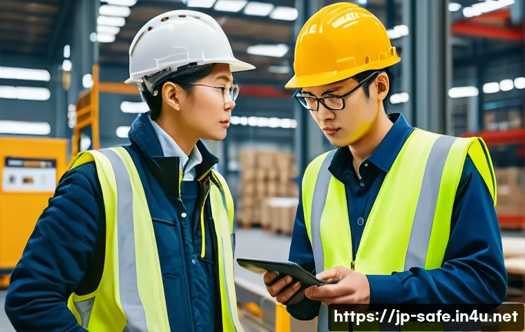 산업안전분야에서의 고객 신뢰 구축 사례 - A modern industrial factory floor scene showing diverse workers wearing safety helmets and high-visi...