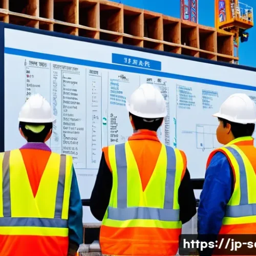 산업안전기사와 공사 현장 안전 관리 사례 - A detailed construction site scene during morning safety briefing, showing a diverse team of Japanes...