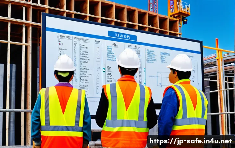 산업안전기사와 공사 현장 안전 관리 사례 - A detailed construction site scene during morning safety briefing, showing a diverse team of Japanes...