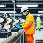산업안전기사와 산업 내 사고 동향 - A modern industrial workplace scene in Japan featuring diverse workers wearing safety helmets, glove...