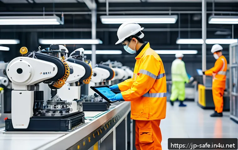 산업안전기사와 산업 내 사고 동향 - A modern industrial workplace scene in Japan featuring diverse workers wearing safety helmets, glove...