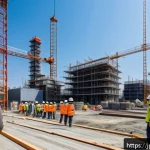 산업안전기사와 안전 혁신 기술 활용 - A busy industrial construction site featuring workers wearing safety gear including helmets, gloves,...