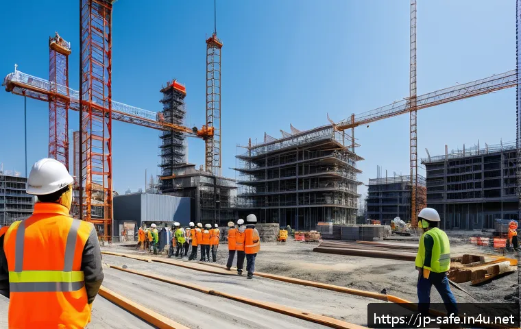 산업안전기사와 안전 혁신 기술 활용 - A busy industrial construction site featuring workers wearing safety gear including helmets, gloves,...