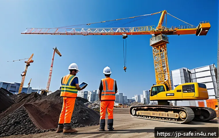 산업안전기사와 건축 안전 설계 - A modern Japanese construction site featuring workers wearing smart wearable devices such as sensor-...