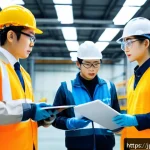 산업안전기사와 중소기업 안전 관리 사례 - A modern Japanese factory morning safety meeting scene, featuring diverse workers wearing appropriat...