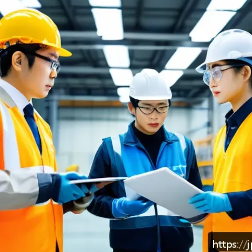 산업안전기사와 중소기업 안전 관리 사례 - A modern Japanese factory morning safety meeting scene, featuring diverse workers wearing appropriat...