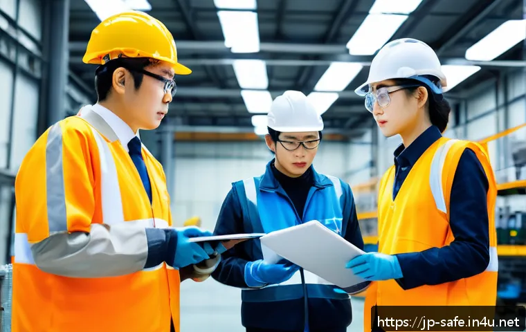 산업안전기사와 중소기업 안전 관리 사례 - A modern Japanese factory morning safety meeting scene, featuring diverse workers wearing appropriat...