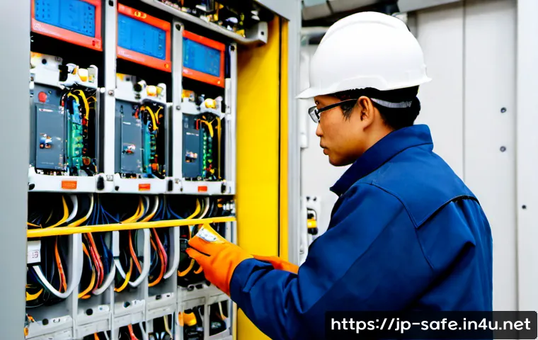 산업안전기사와 전력 계통 안전 - Photorealistic Japanese industrial safety engineer in clean protective helmet, safety glasses, flame...